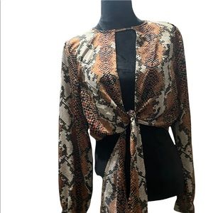 Brown and Tan Reptile Print Long Sleeve Tie in Front Crop Top